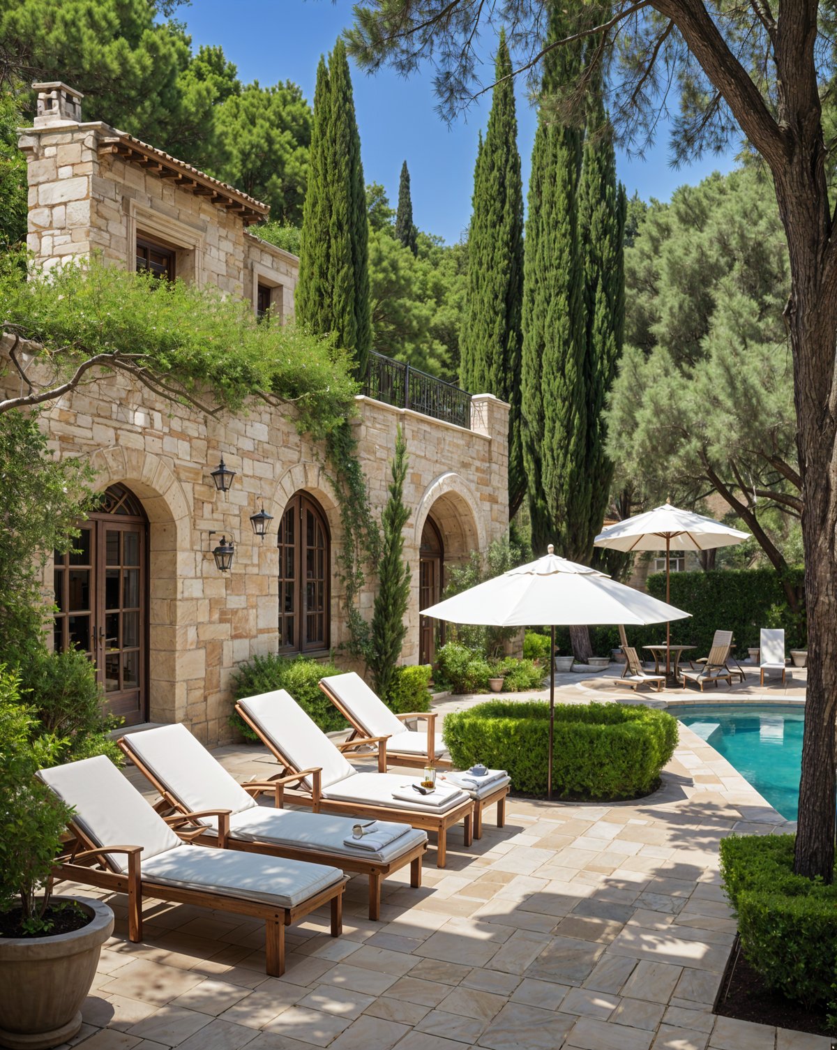 Mediterranean-style house with outdoor patio furniture and greenery