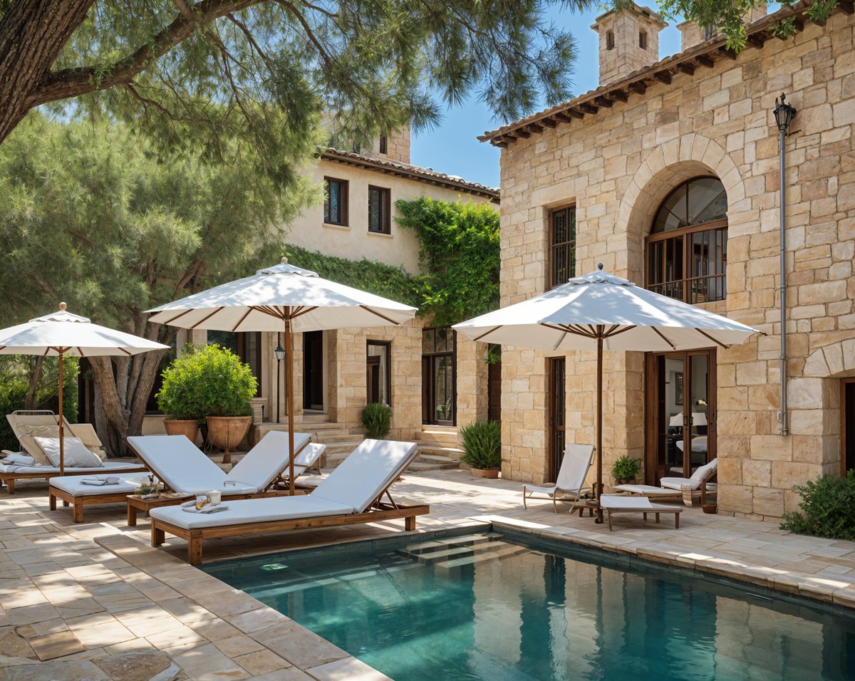 Mediterranean house exterior with pool, patio furniture, and stone wall