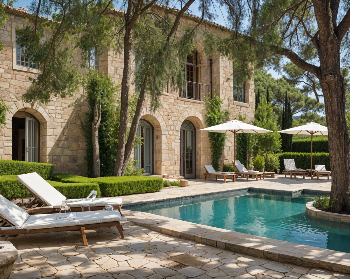 A Mediterranean-style house exterior with a pool, patio furniture, and a stone wall.