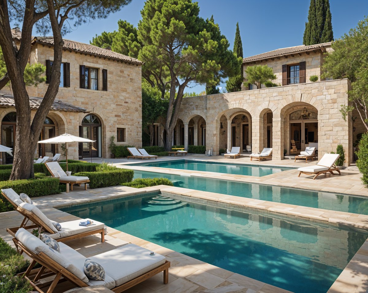 Mediterranean house exterior with a pool and patio furniture