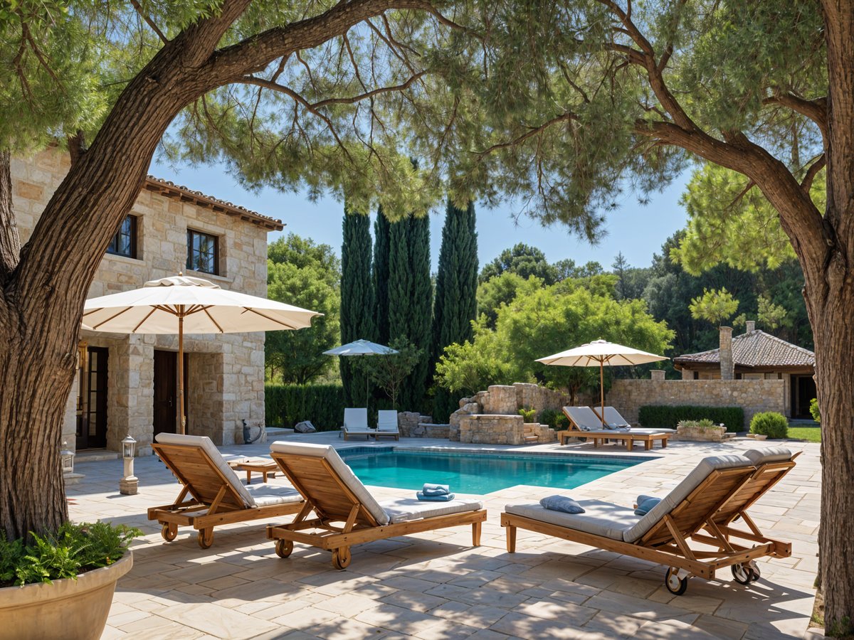 Mediterranean-style house with a pool and patio area, featuring several chairs and umbrellas.