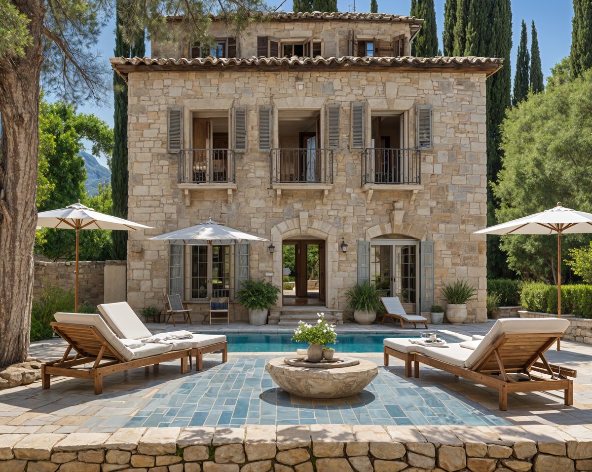 Mediterranean-style house with a pool and chairs