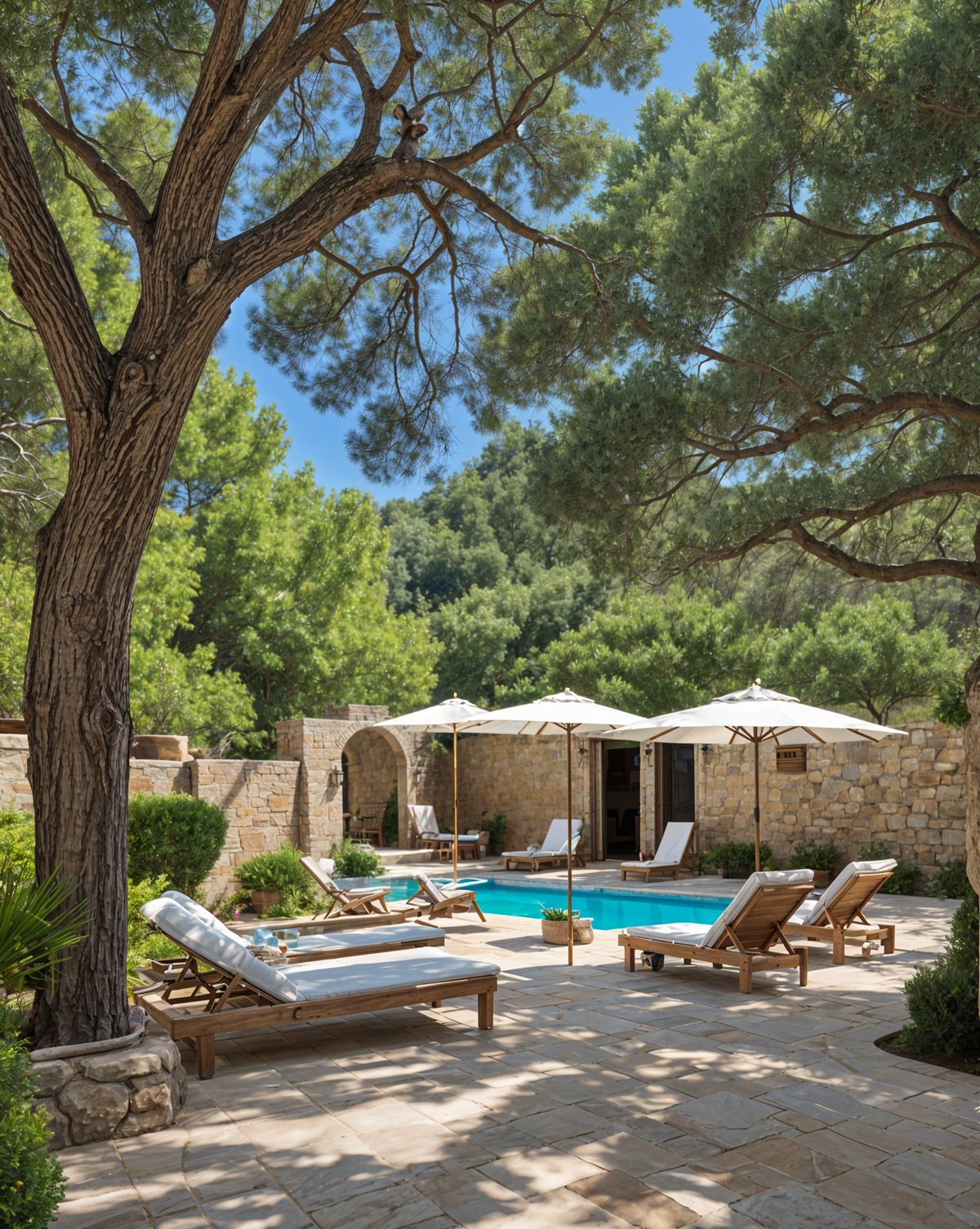 Mediterranean-style house exterior with a pool and patio area