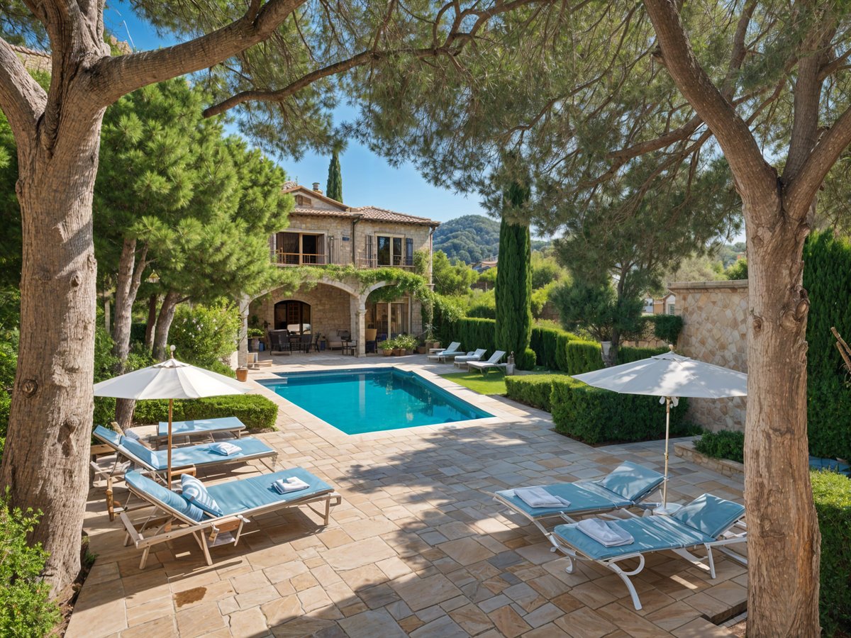 Mediterranean house exterior with pool and patio area