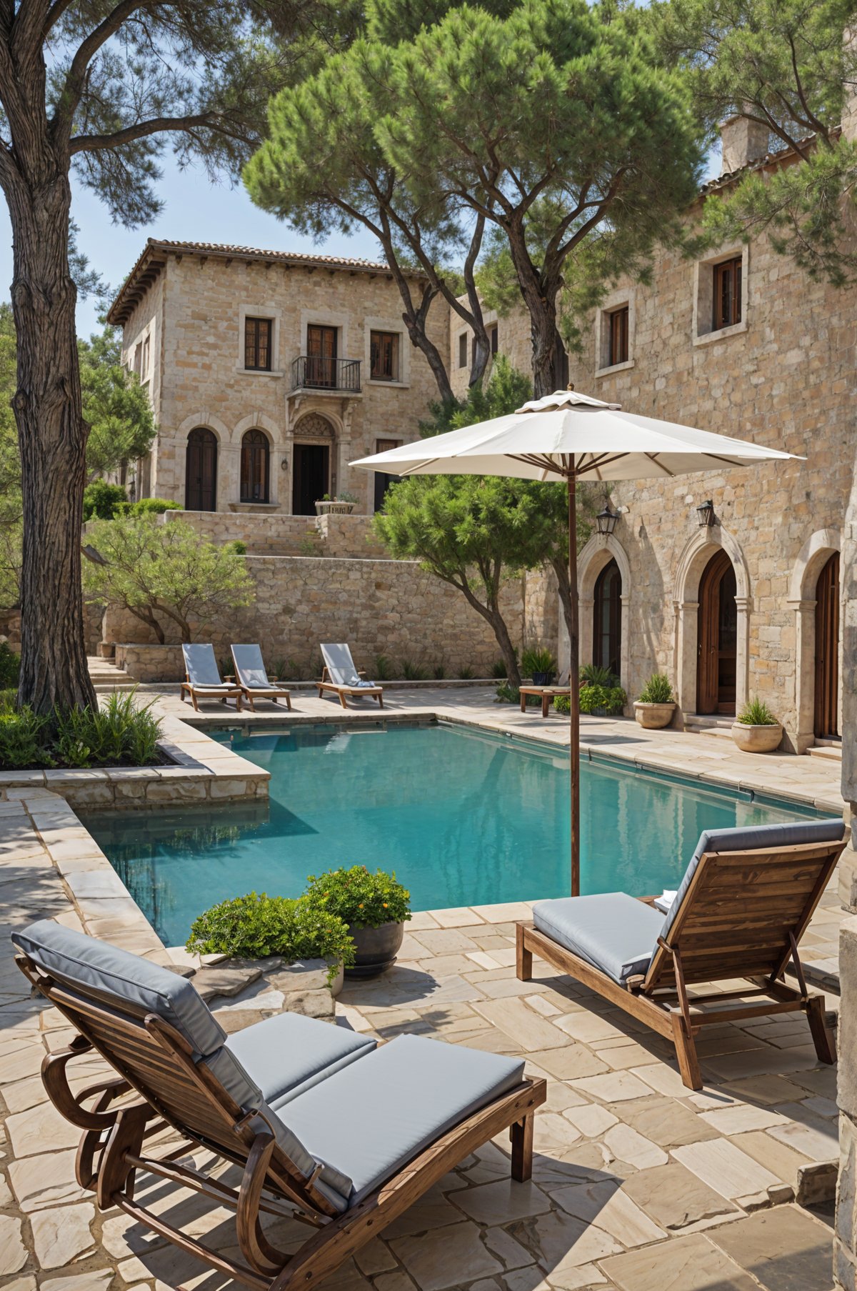 Mediterranean-style house exterior with pool, patio, and stone buildings