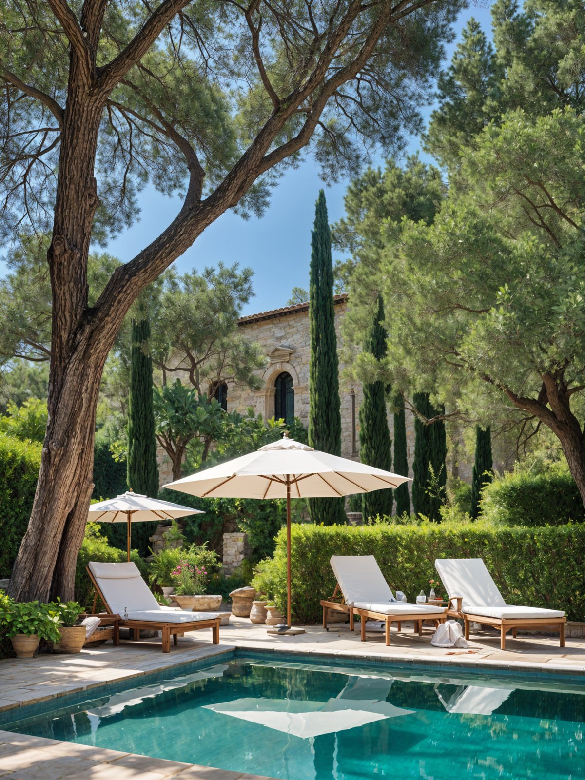 Mediterranean-style house with pool and patio area, featuring two white chairs and an umbrella.