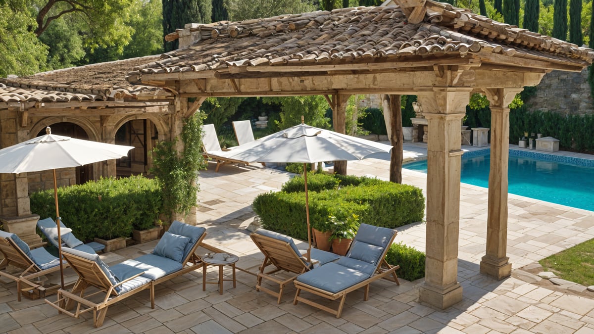 Mediterranean-style house exterior with patio furniture and a large umbrella