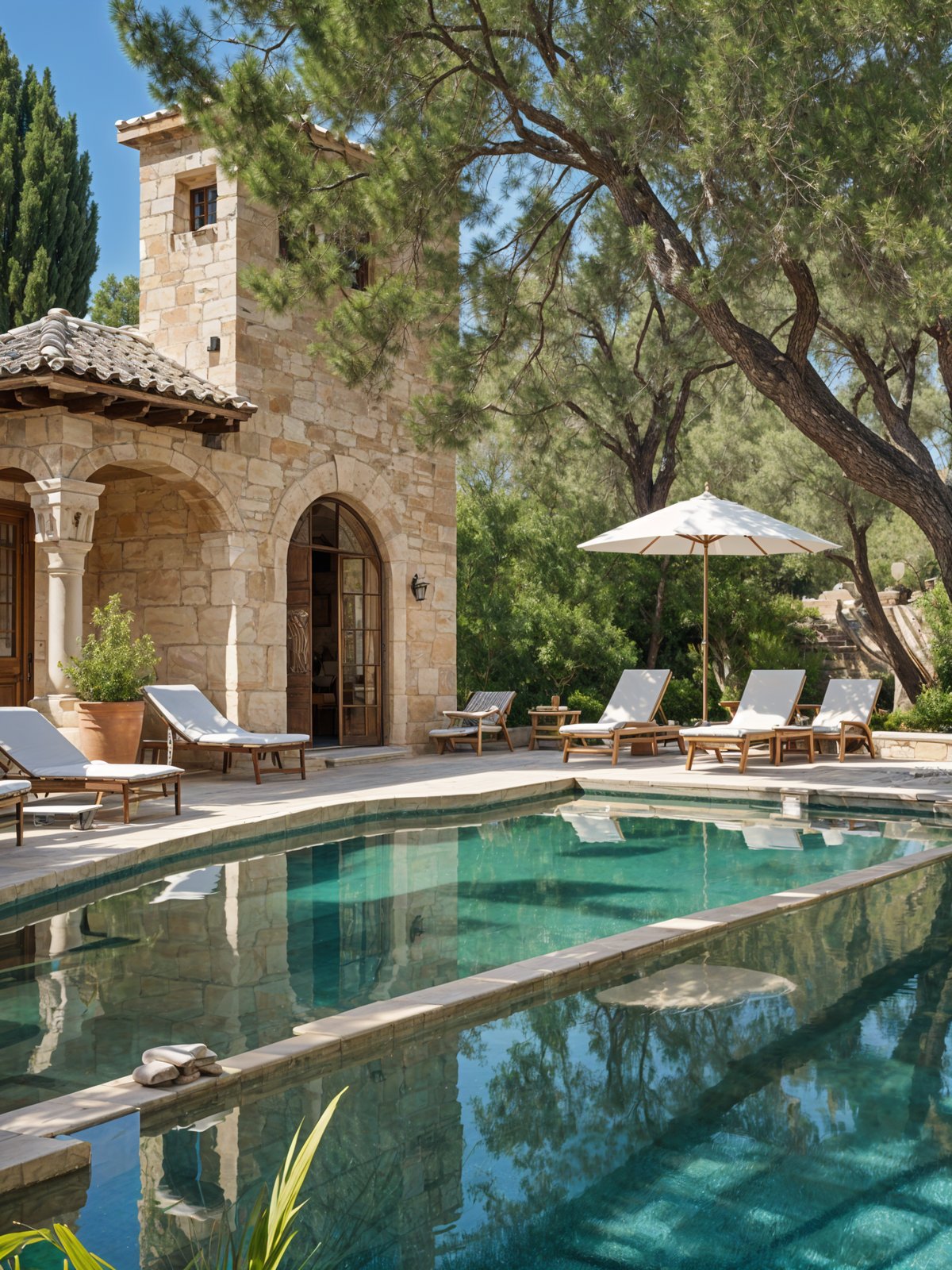 Mediterranean house exterior with pool and patio furniture