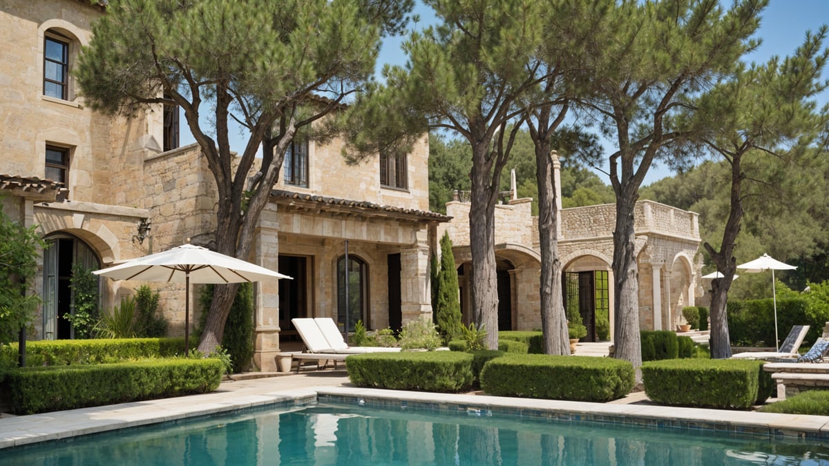 Mediterranean-style house with a pool and patio area. The house has a stone exterior and is surrounded by trees. The patio features a lawn chair and an umbrella.