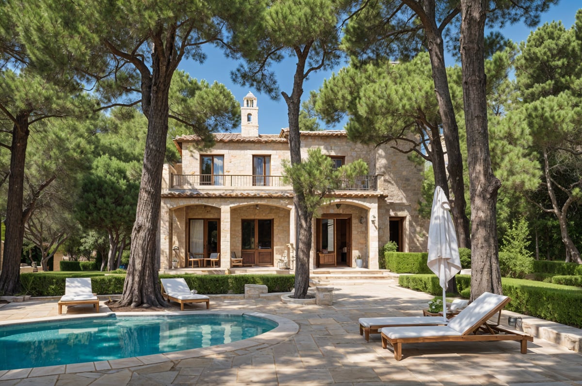 Mediterranean-style house with a pool, patio furniture, and trees in the background.