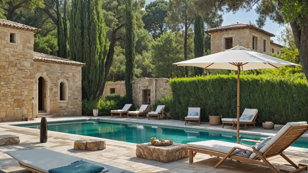 Mediterranean-style house exterior with pool, lounge chairs, and umbrella