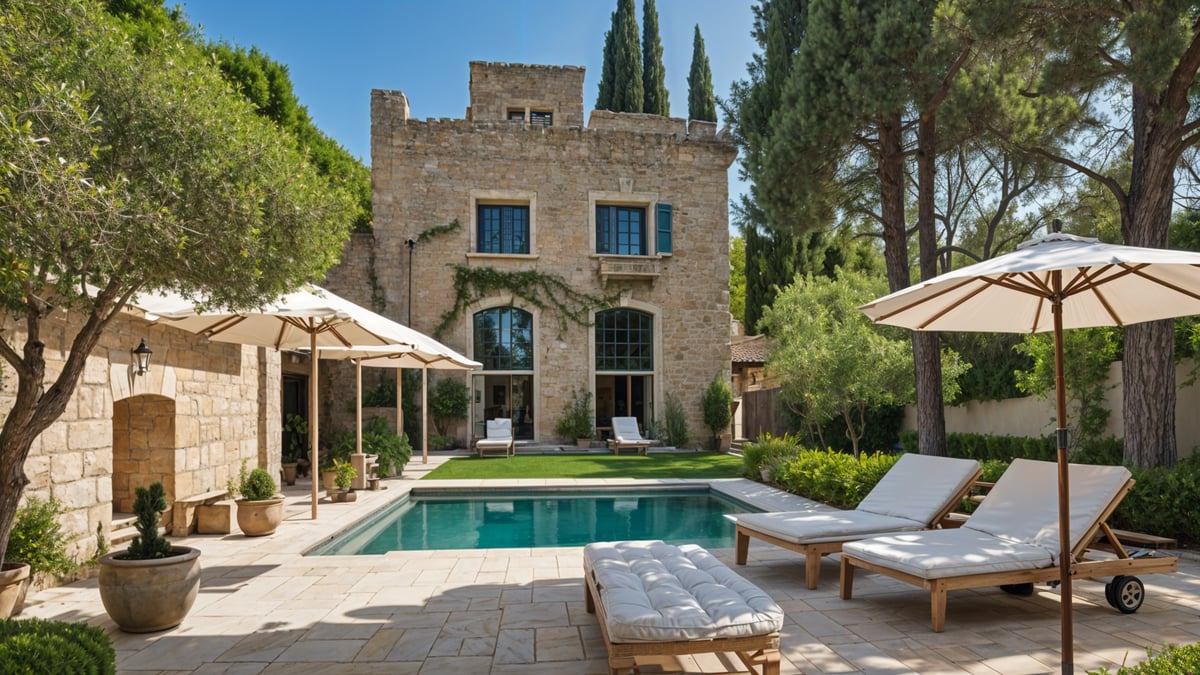 Mediterranean house exterior with a large pool and patio area