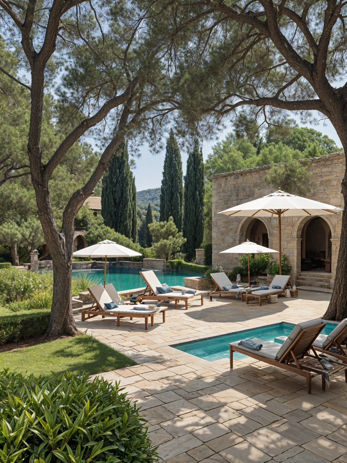 Mediterranean-style house with a patio featuring lounge chairs and umbrellas