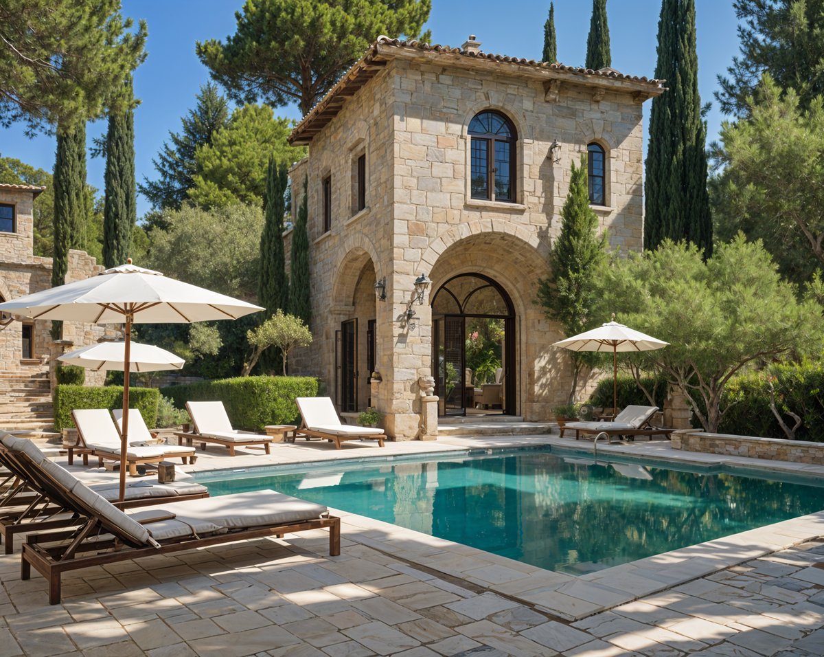 Mediterranean house exterior with pool and patio area