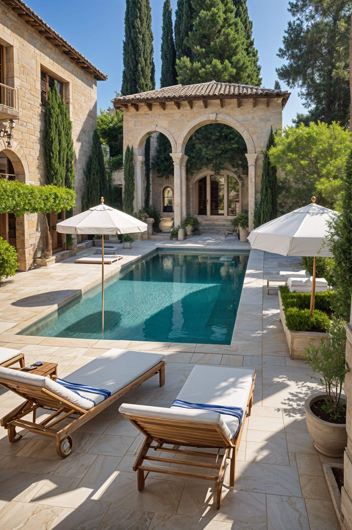 Mediterranean-style house exterior with a large pool and patio area, featuring chairs and umbrellas.