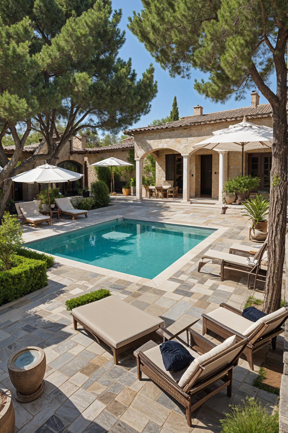 Mediterranean-style house with a large pool and patio area, furnished with chairs and umbrellas.