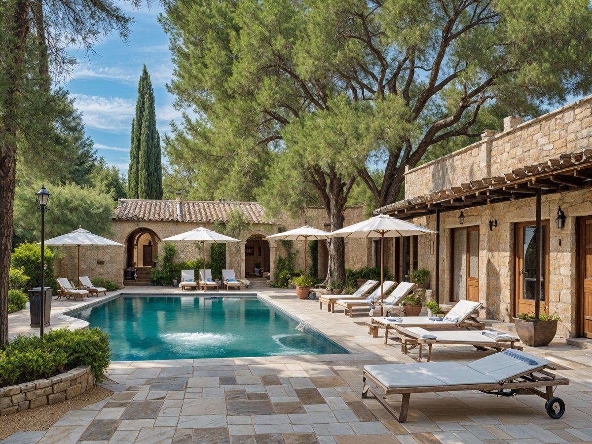 Mediterranean-style house with a large pool and patio area, featuring several chairs and umbrellas.