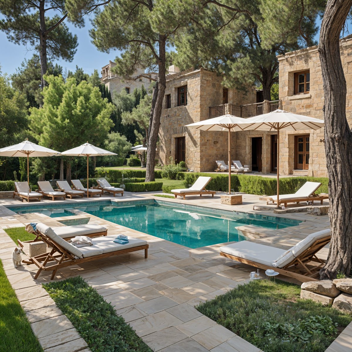 Mediterranean house exterior with a pool, patio furniture, and stone building