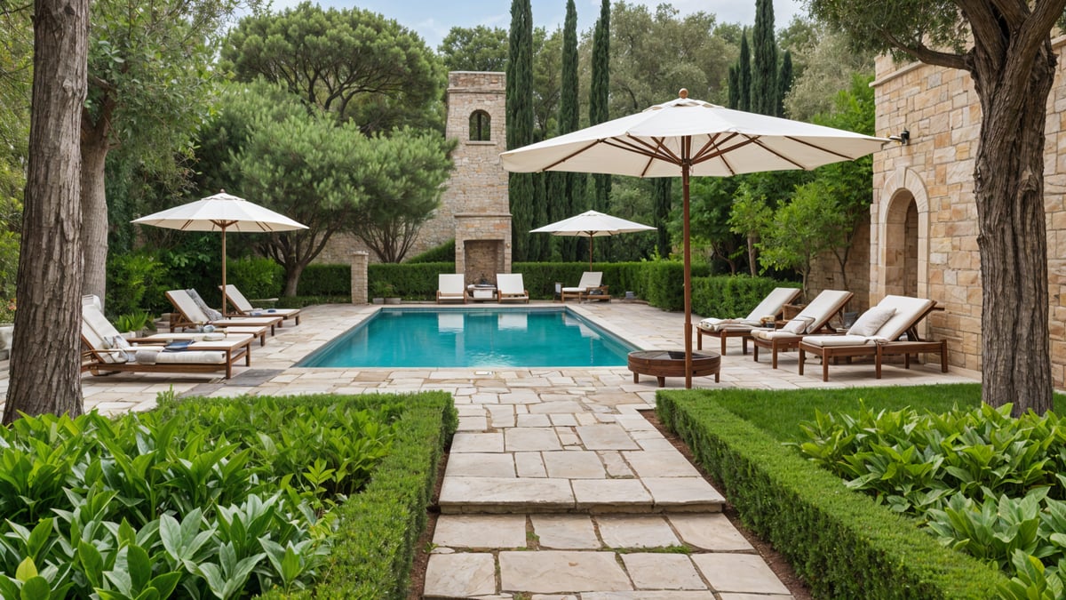 Mediterranean-style house exterior with a large swimming pool and patio area, featuring several chairs and umbrellas.