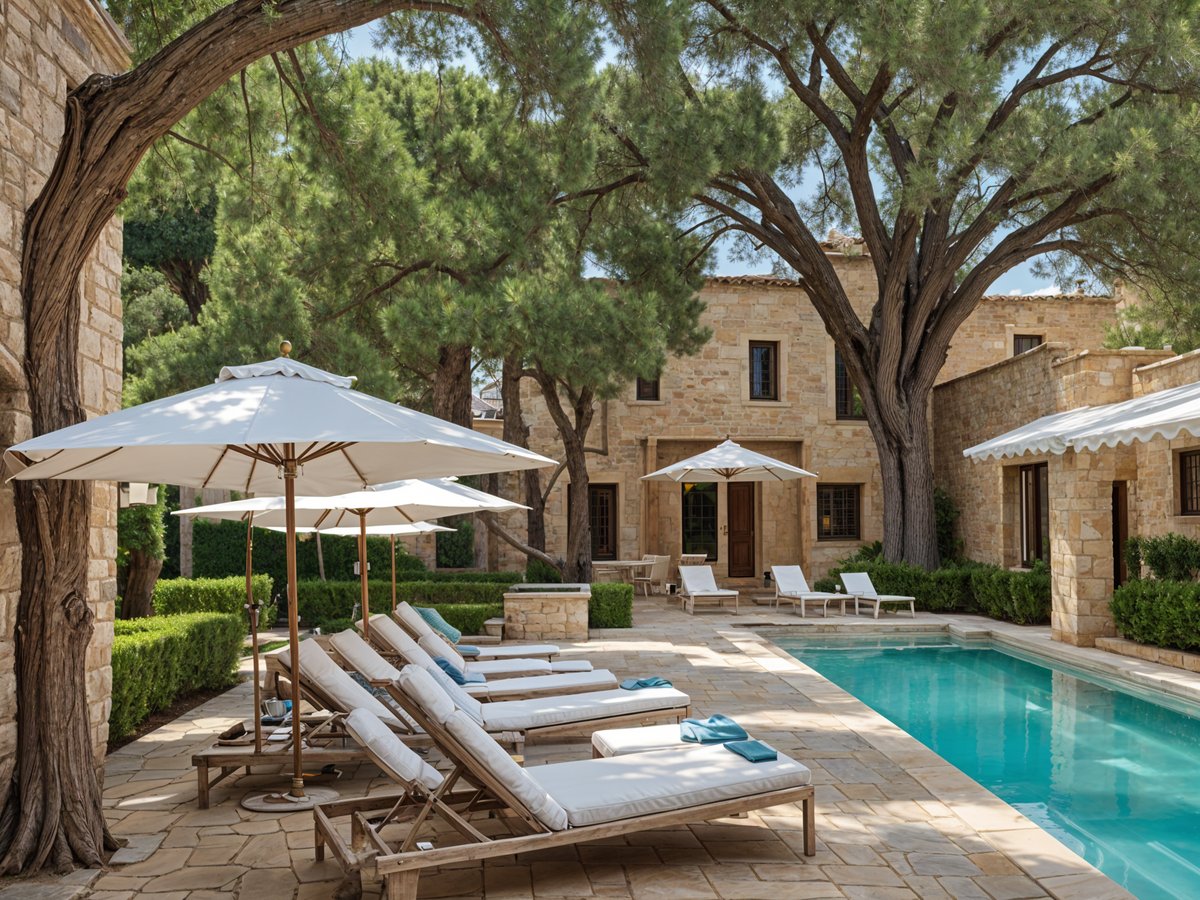 Mediterranean house exterior with pool, patio furniture, and trees in the background