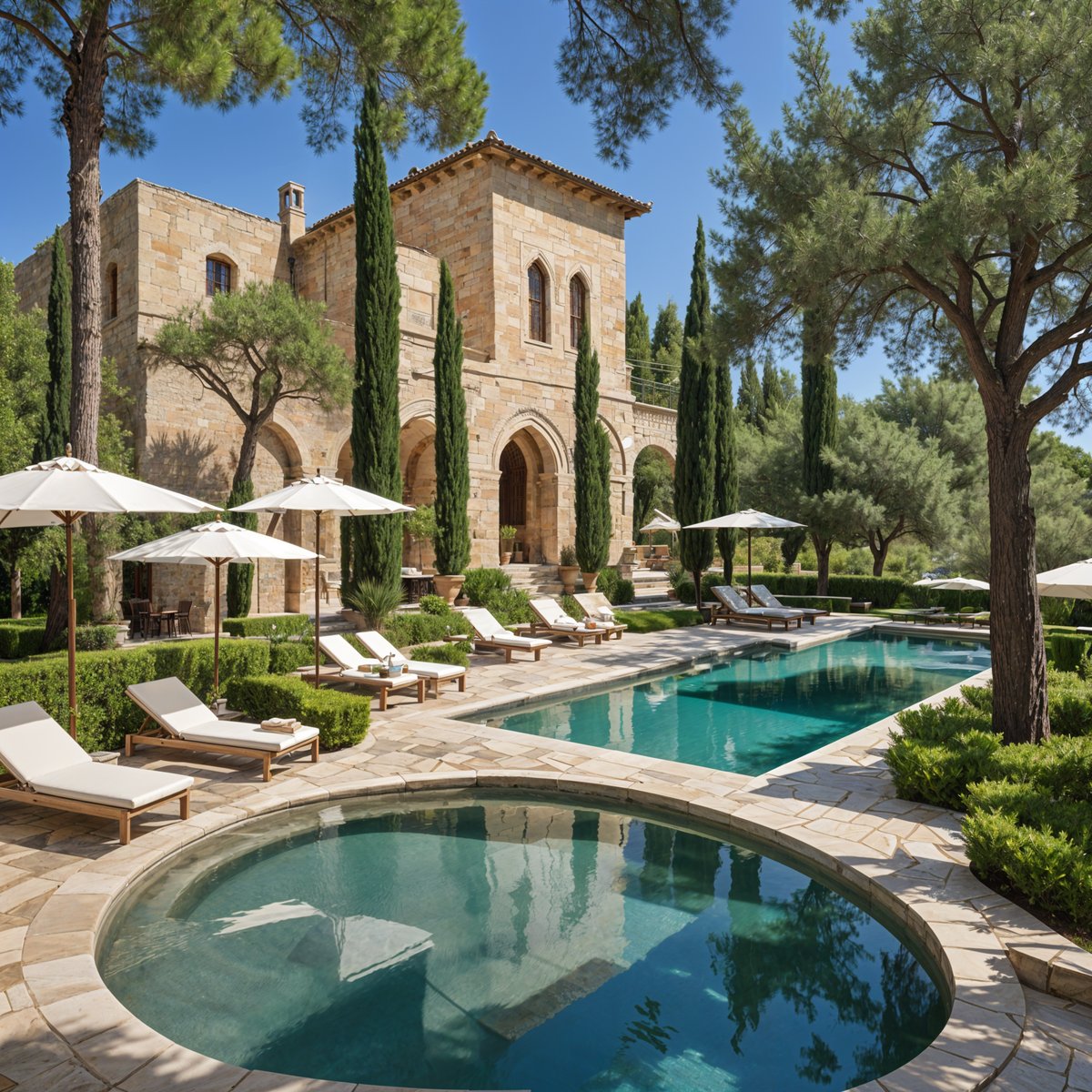 Mediterranean-style house with a large swimming pool and fountain, surrounded by chairs and umbrellas.