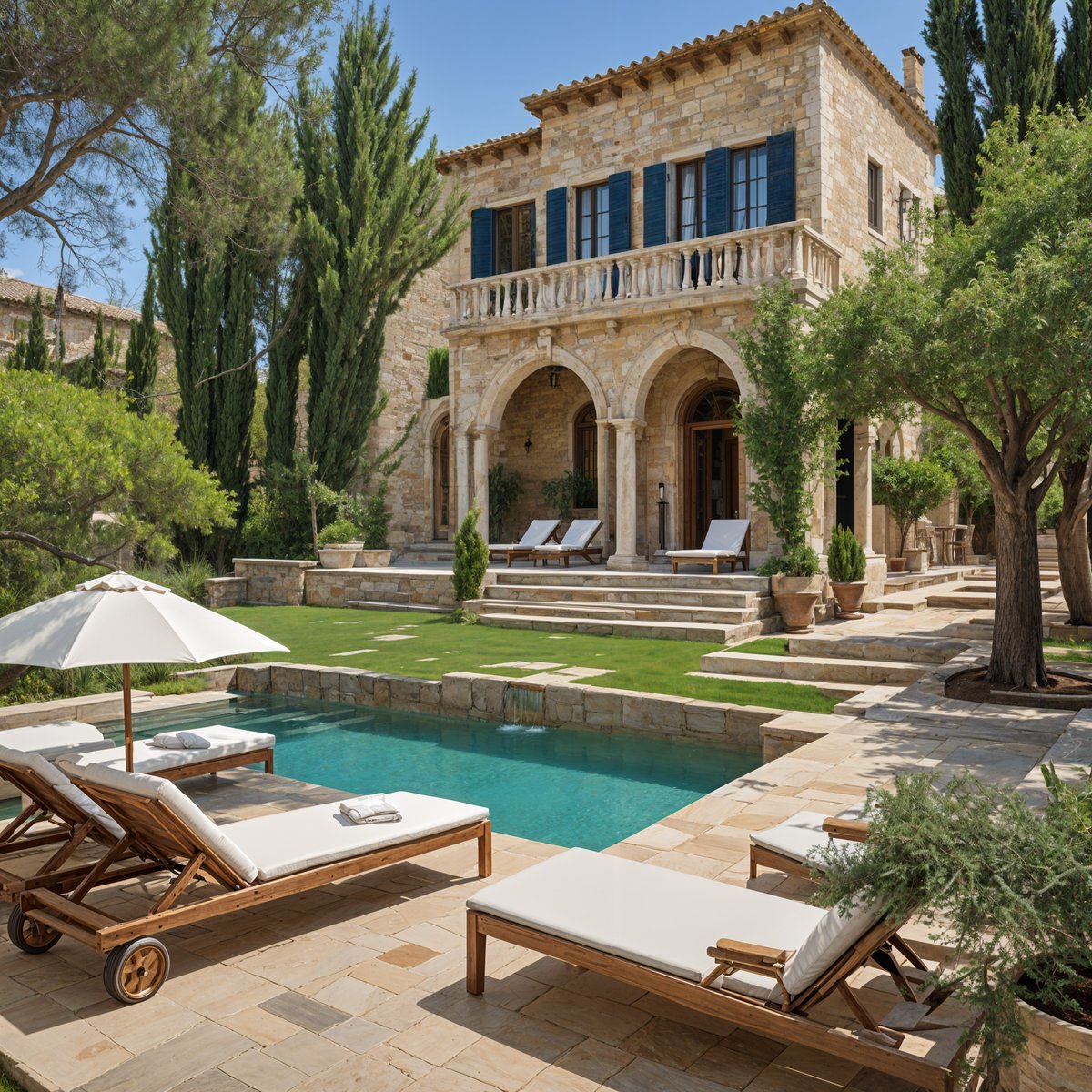 Mediterranean house exterior with a large pool and patio area, featuring chairs and a couch arranged around the pool.