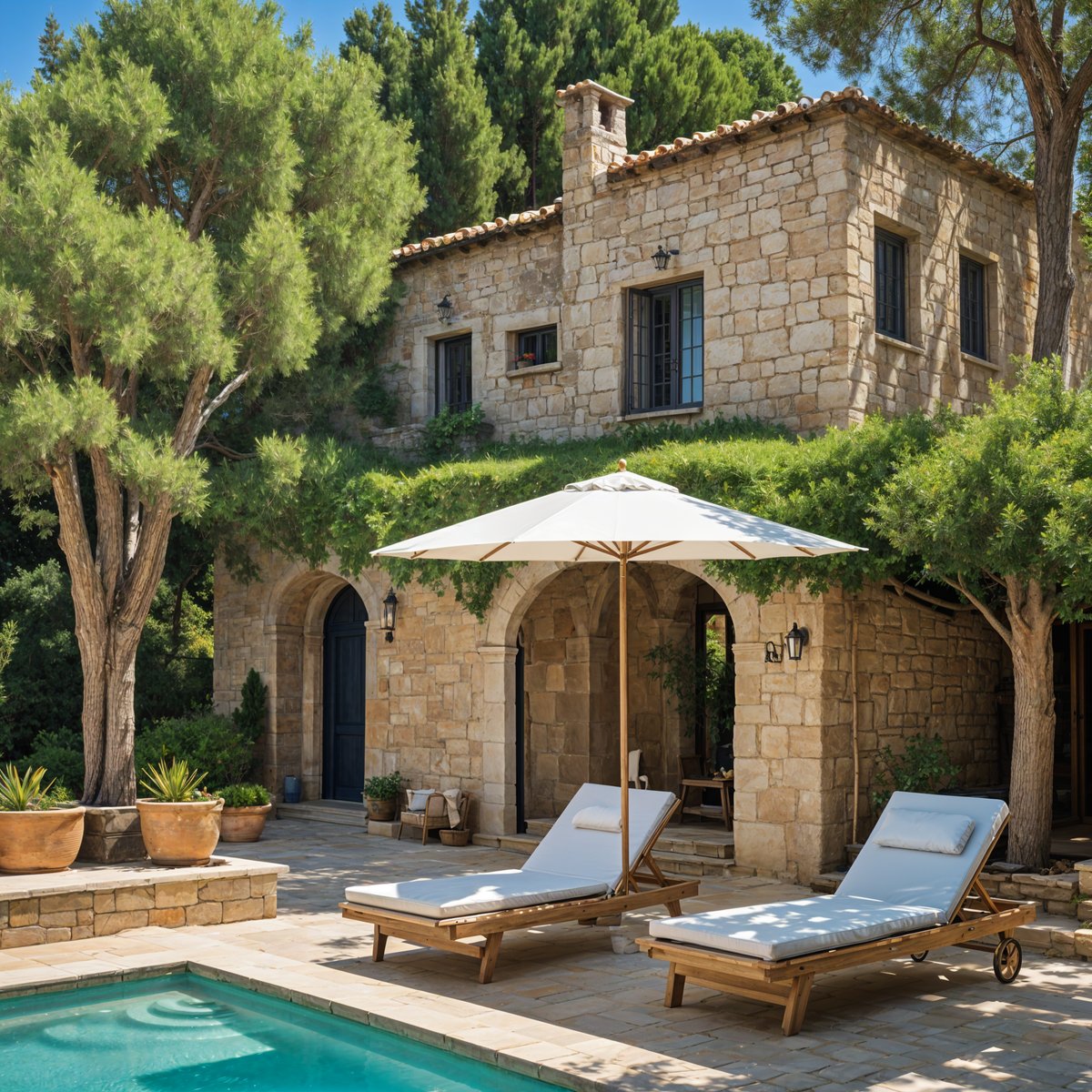 Mediterranean house with pool and lounge chairs