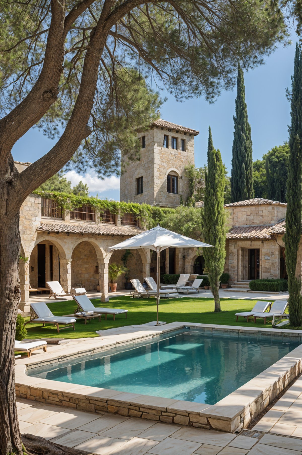 Mediterranean house exterior with a pool, patio furniture, and a large building with a clock tower.