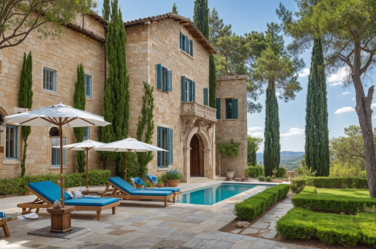 Mediterranean-style house with a large pool, lounge chairs, umbrellas, and potted plants.