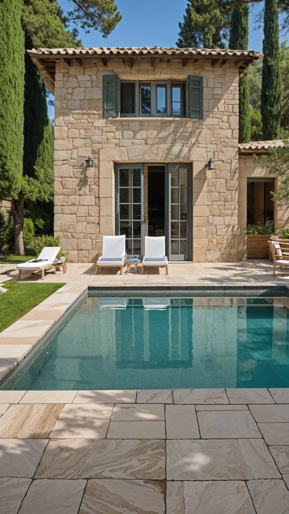 A Mediterranean-style house with a pool and patio area. The house has a stone exterior and features a large window and a door. The patio area includes a pool and chairs for relaxation.