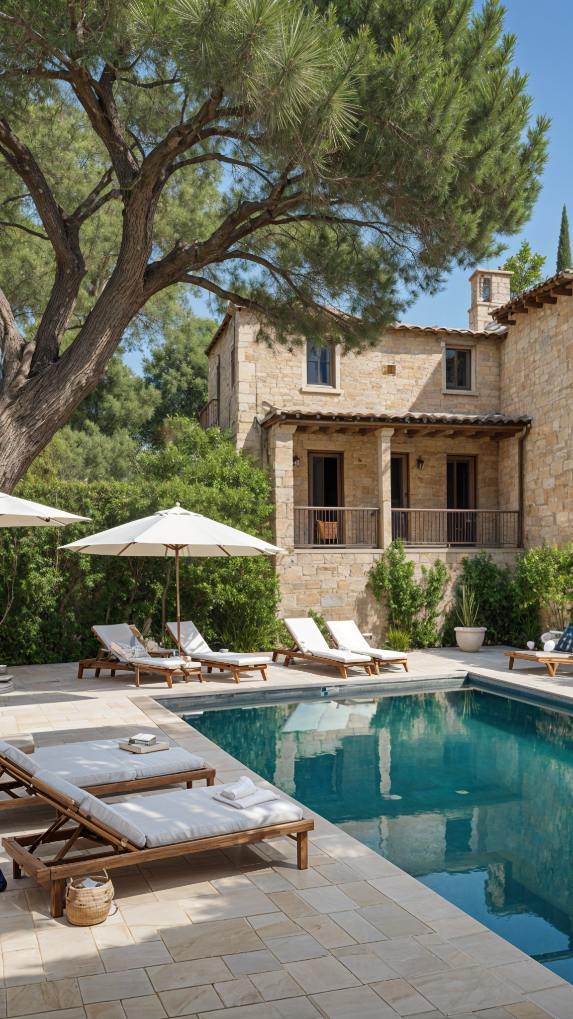 Mediterranean-style house with a large pool and patio area, featuring chairs and umbrellas for relaxation.