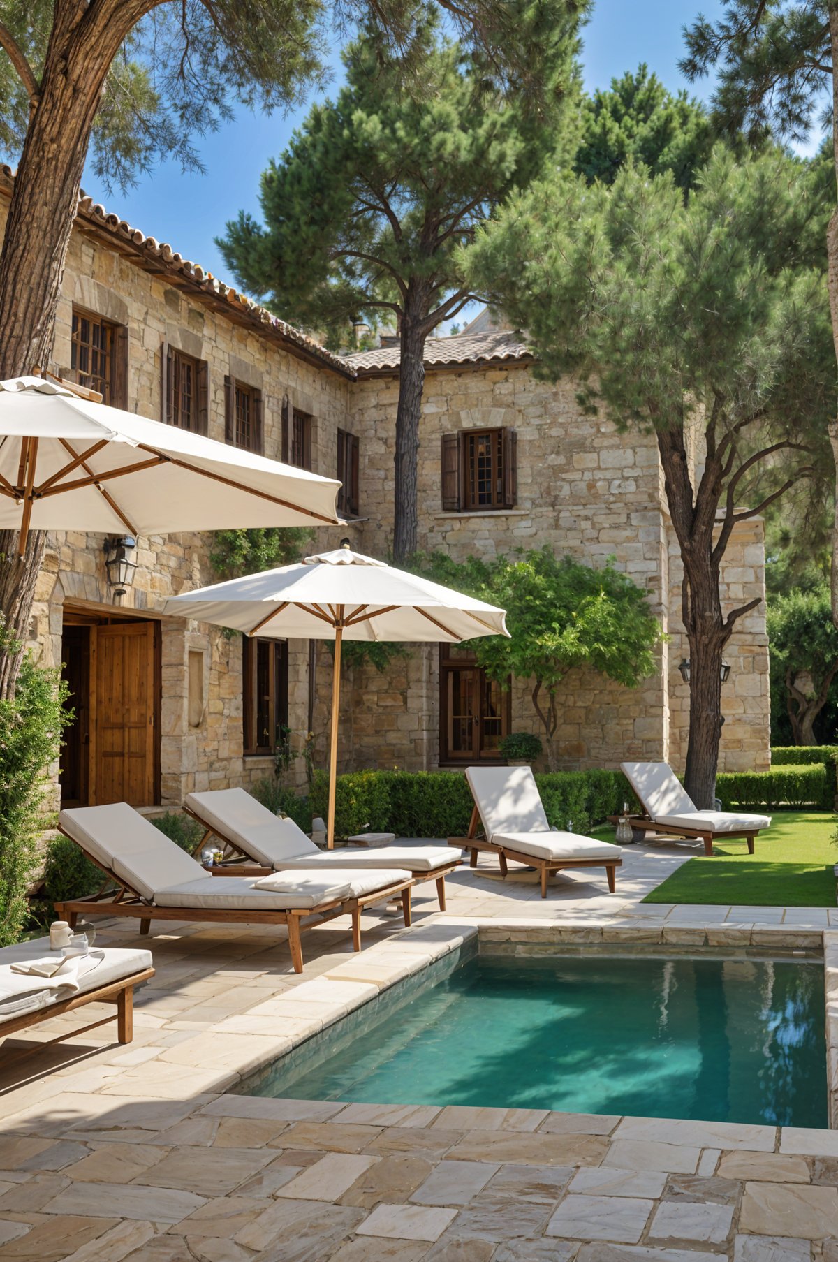 Mediterranean house exterior with pool, patio furniture, and stone building.