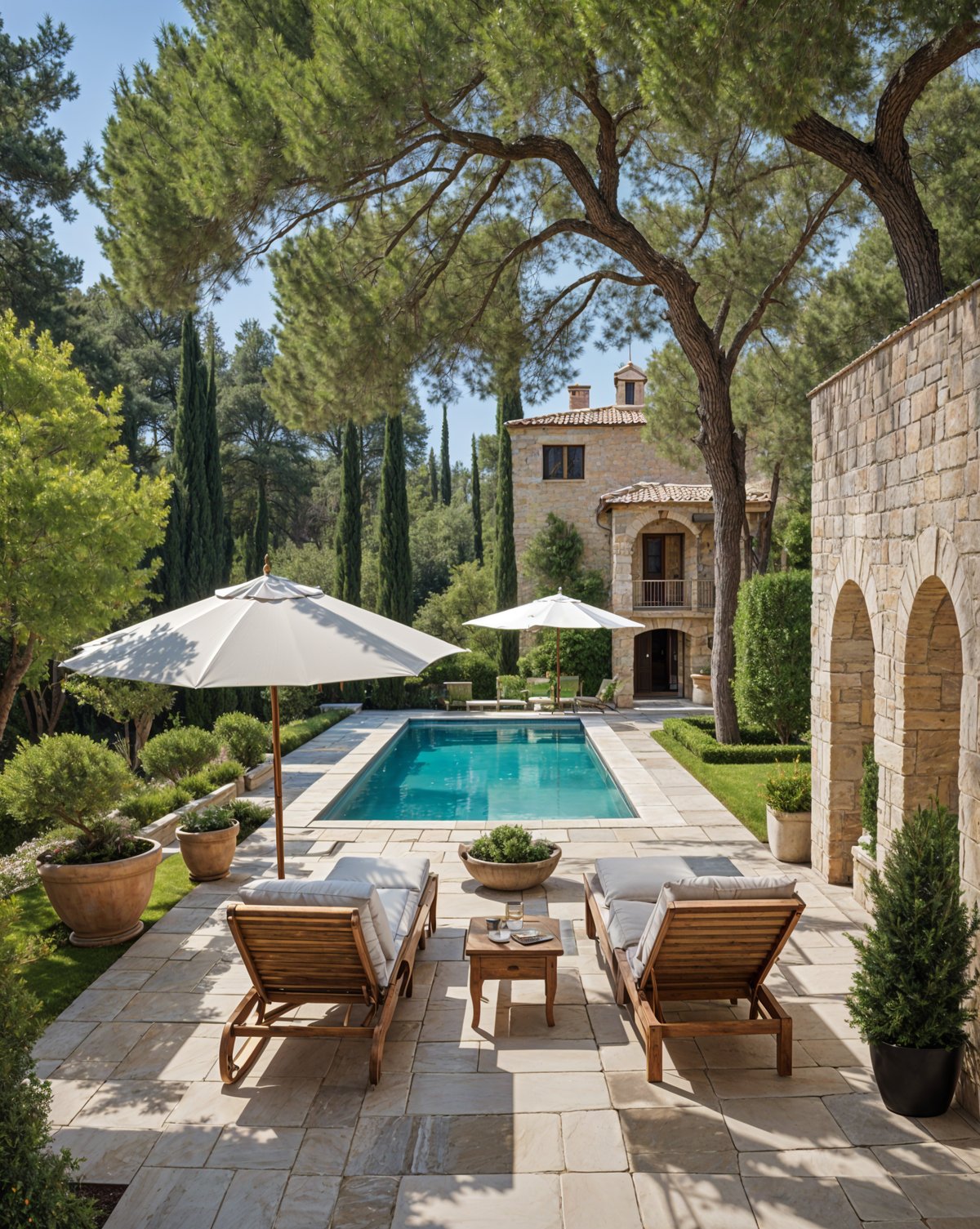 Mediterranean house exterior with pool, lounge chairs, and umbrellas