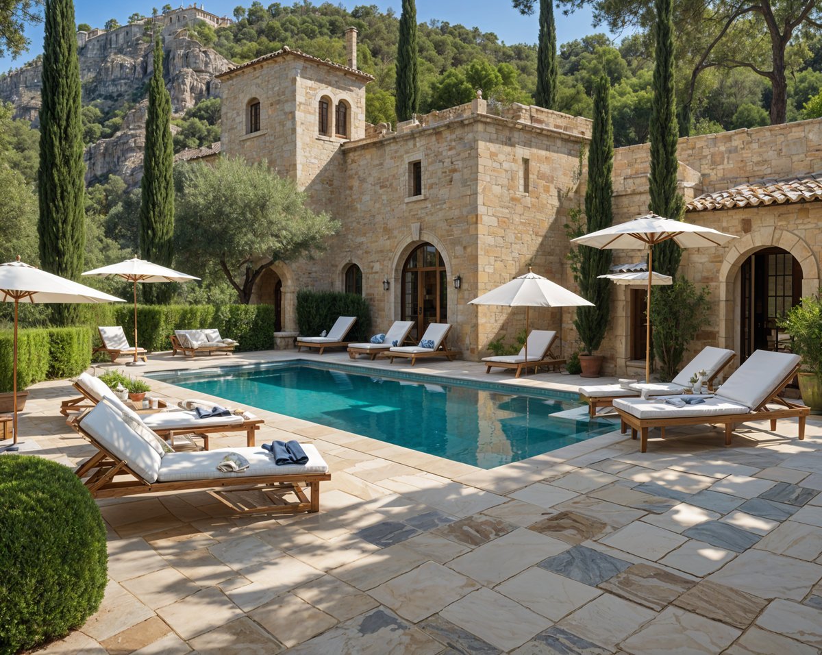 Mediterranean house exterior with pool and patio furniture