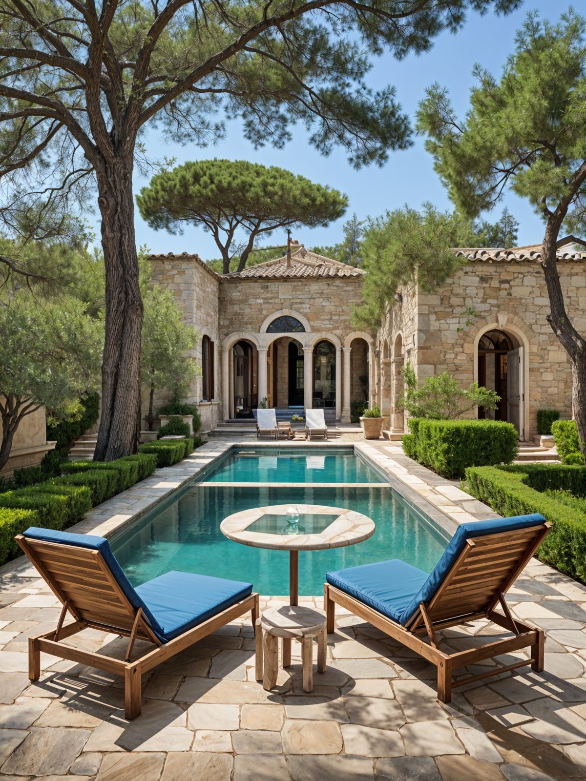 A Mediterranean style house with a pool and patio furniture. The patio features a table and chairs, including a blue lounge chair and a wooden bench. The pool is surrounded by green bushes and trees, creating a serene and inviting atmosphere.