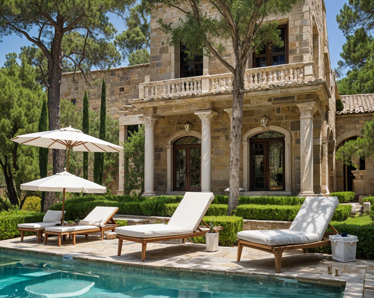 Mediterranean house exterior with pool, patio furniture, and tree