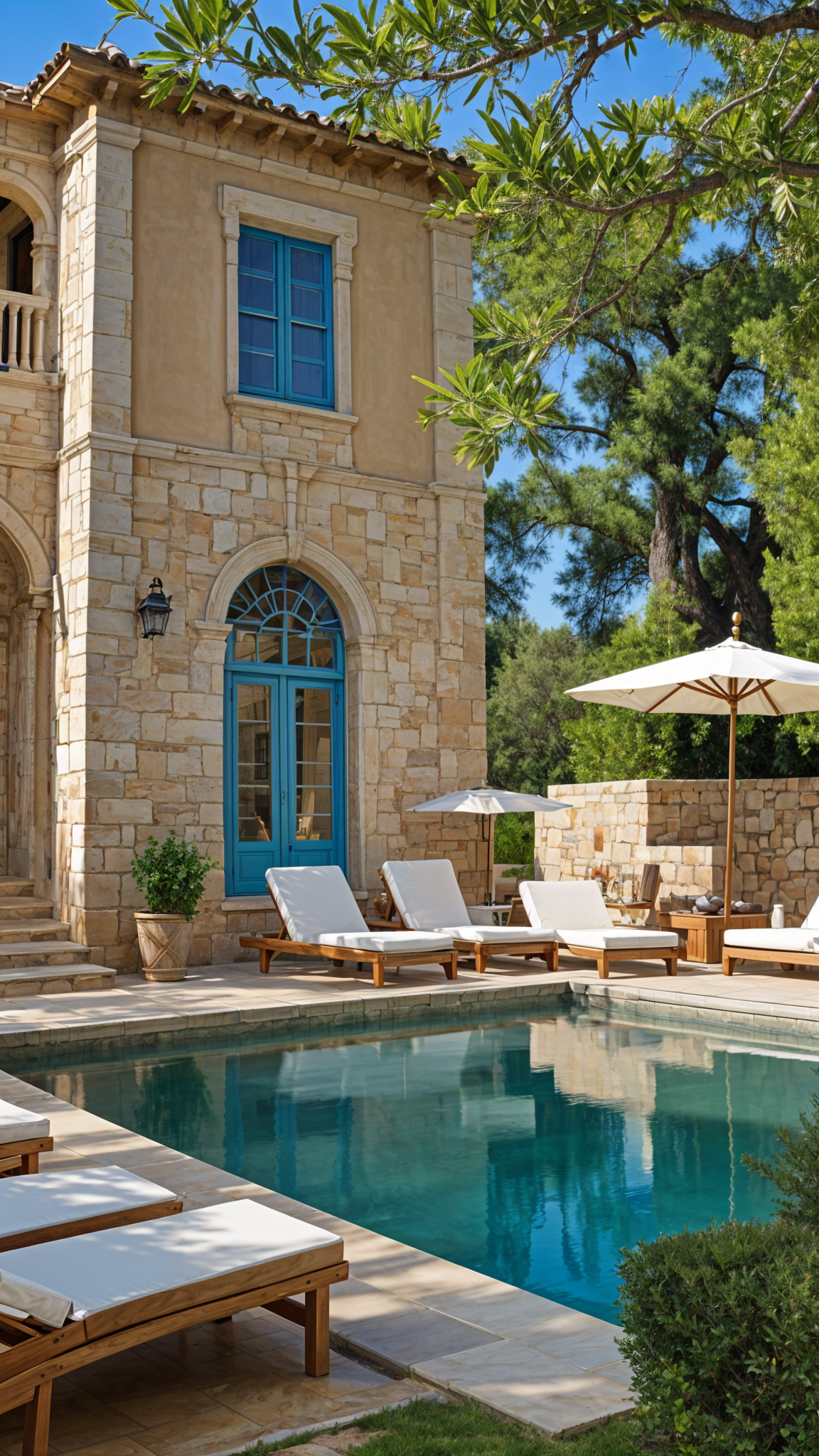 Mediterranean house exterior with blue door, pool, patio furniture, and umbrella