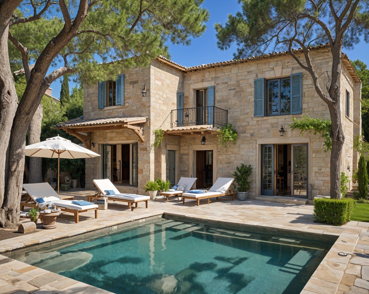 Mediterranean-style house with a large pool in the backyard. The house has a brick facade and a tile roof. The backyard is well-maintained and inviting, with several chairs and umbrellas placed around the pool area.