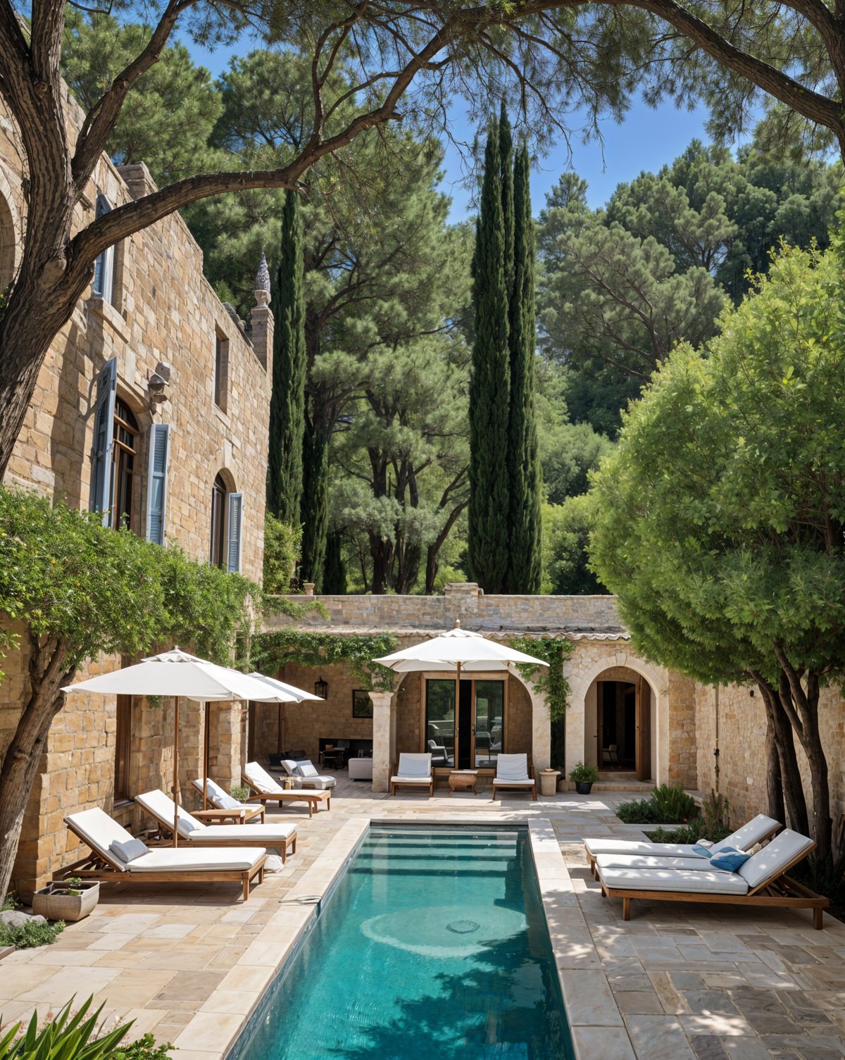 Mediterranean-style house with a pool area featuring lounge chairs and umbrellas