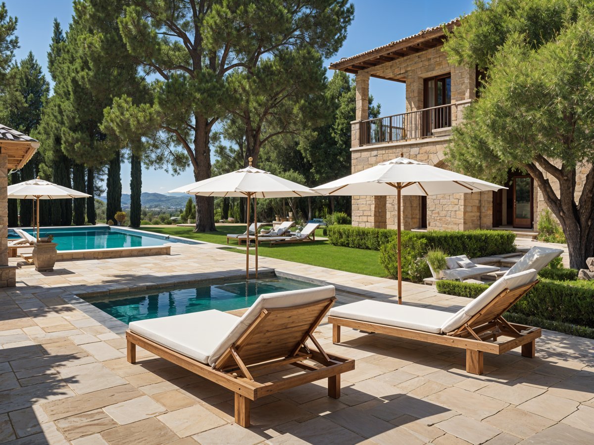 Mediterranean house exterior with pool and patio area, featuring several chairs and umbrellas.