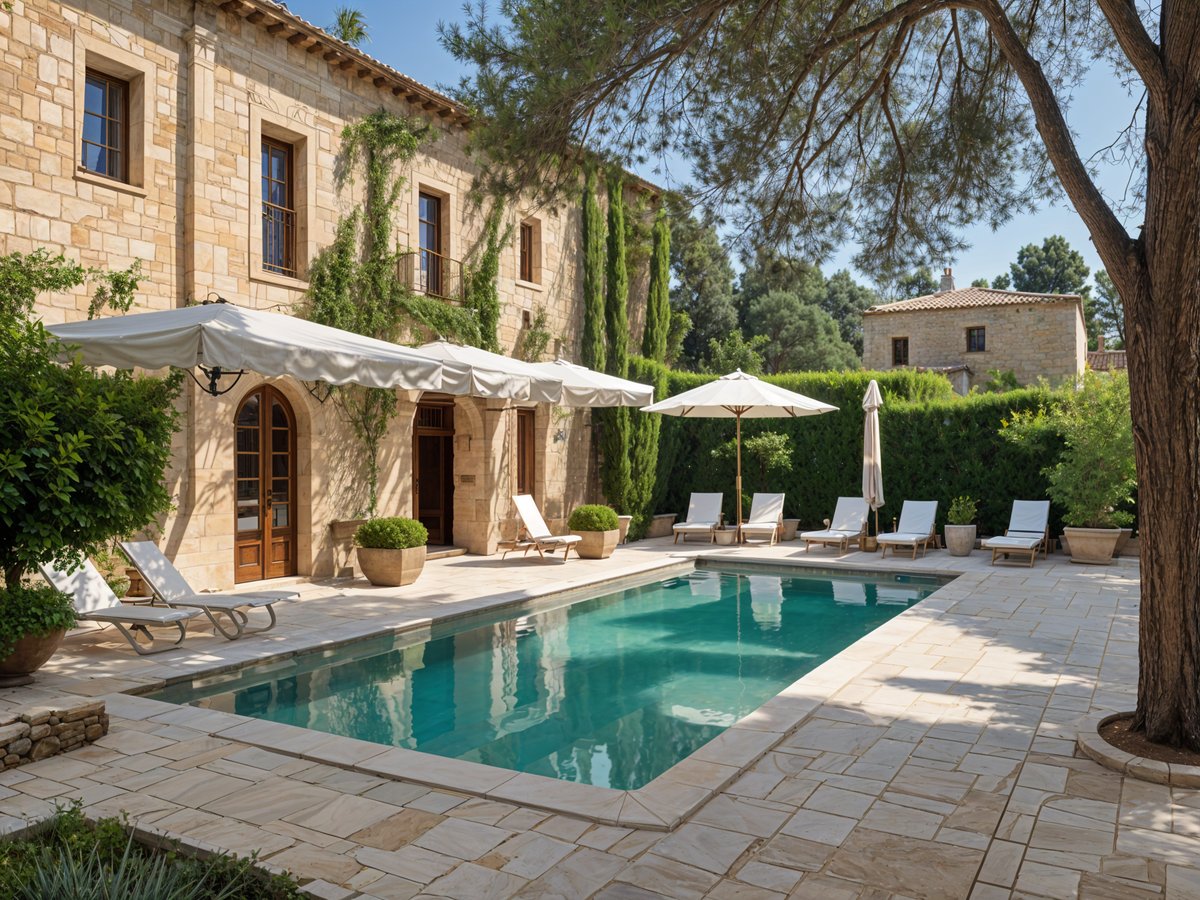 Mediterranean house exterior with pool, patio furniture, and large tree