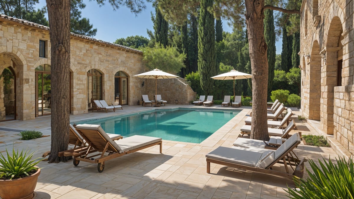 Mediterranean house exterior with a large pool and chairs