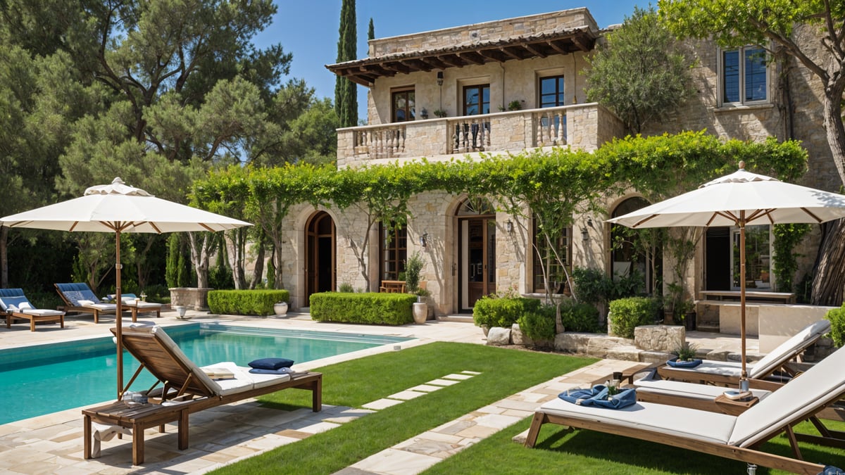 Mediterranean-style house with a pool and patio, featuring a lawn chair and chaise lounge.