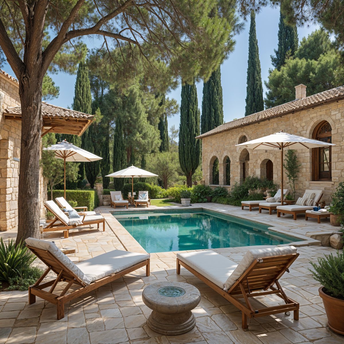 Mediterranean-style house exterior with a pool, lounge chairs, and umbrellas