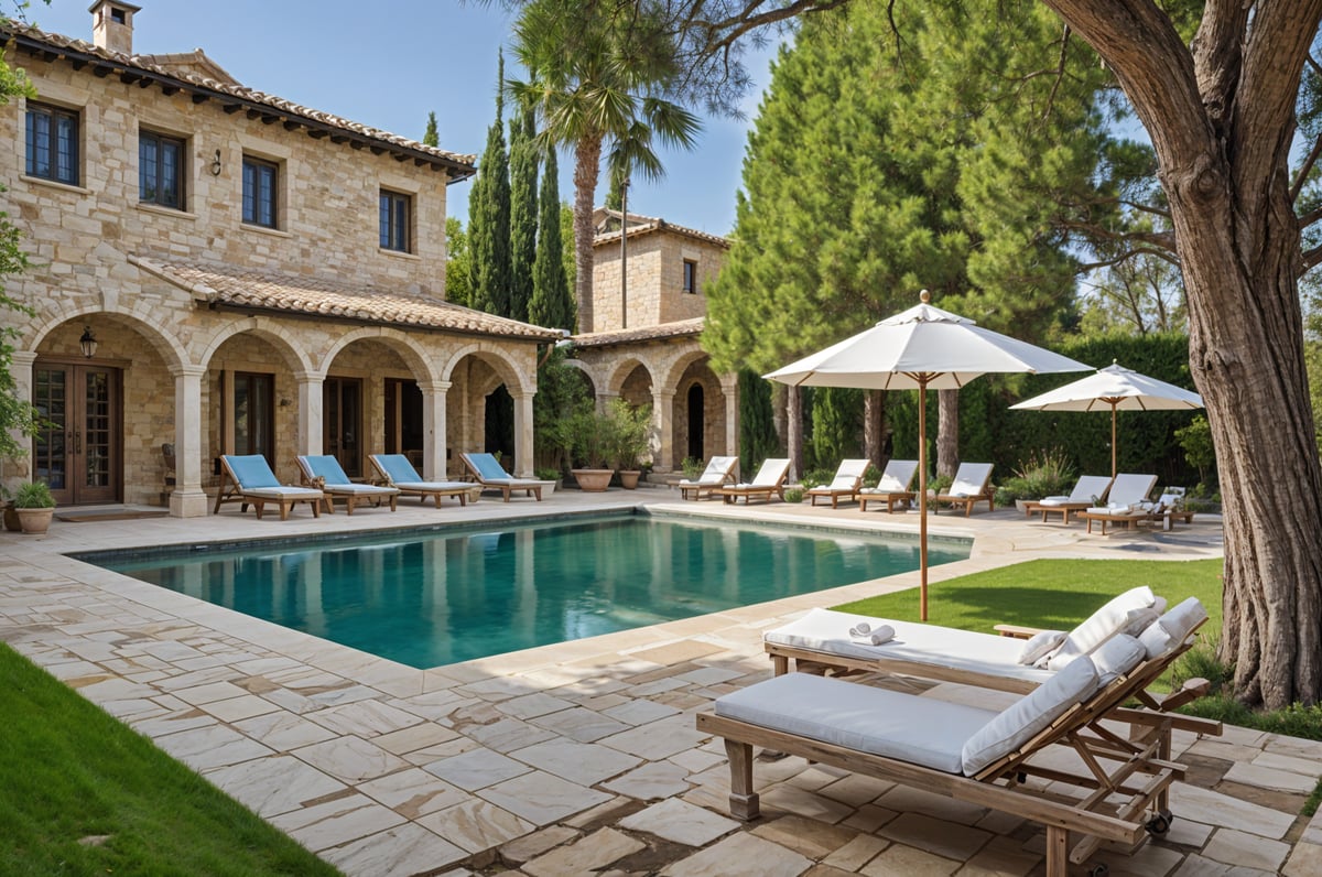 Mediterranean house exterior with a pool and patio area