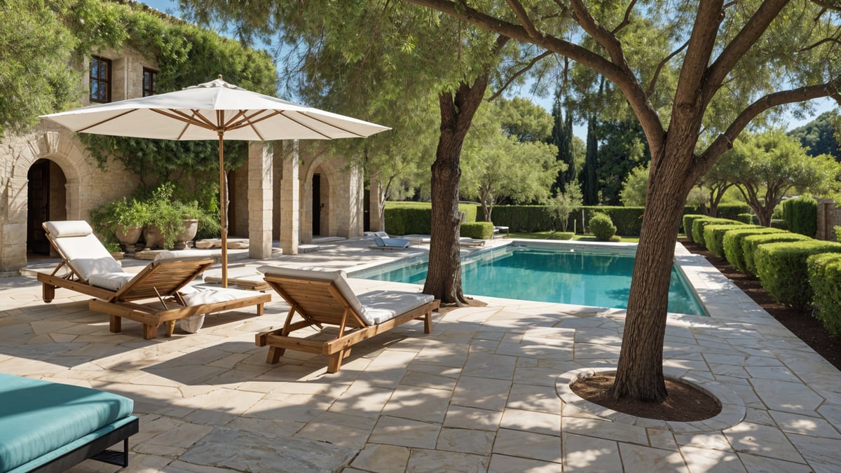 Mediterranean-style house exterior with a large pool, chairs, and a bench