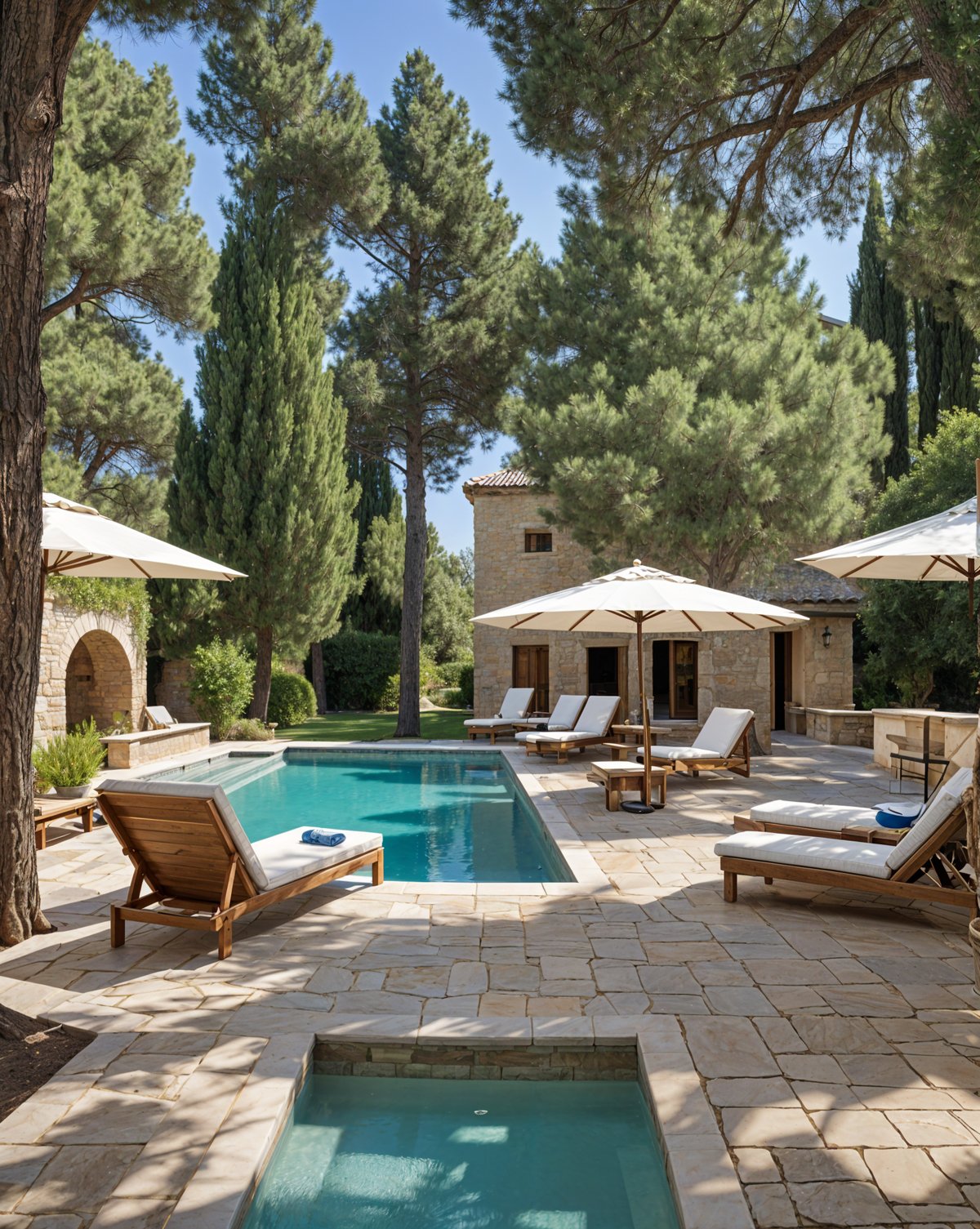 Mediterranean-style house with a large pool and patio area, featuring chairs and umbrellas for relaxation.