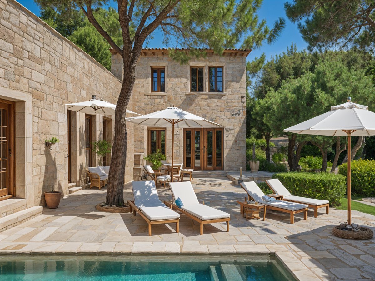 Mediterranean house exterior with a pool, chairs, and umbrellas