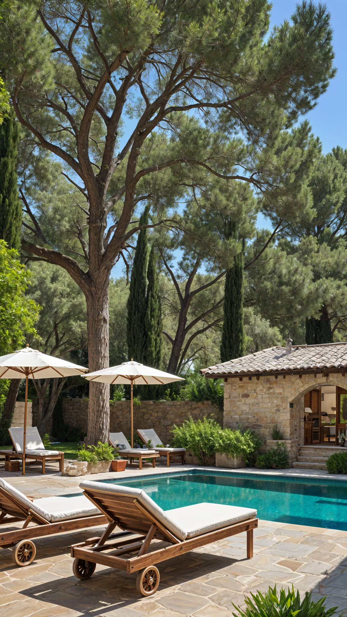 Mediterranean house exterior with pool, patio furniture, and trees in the background.