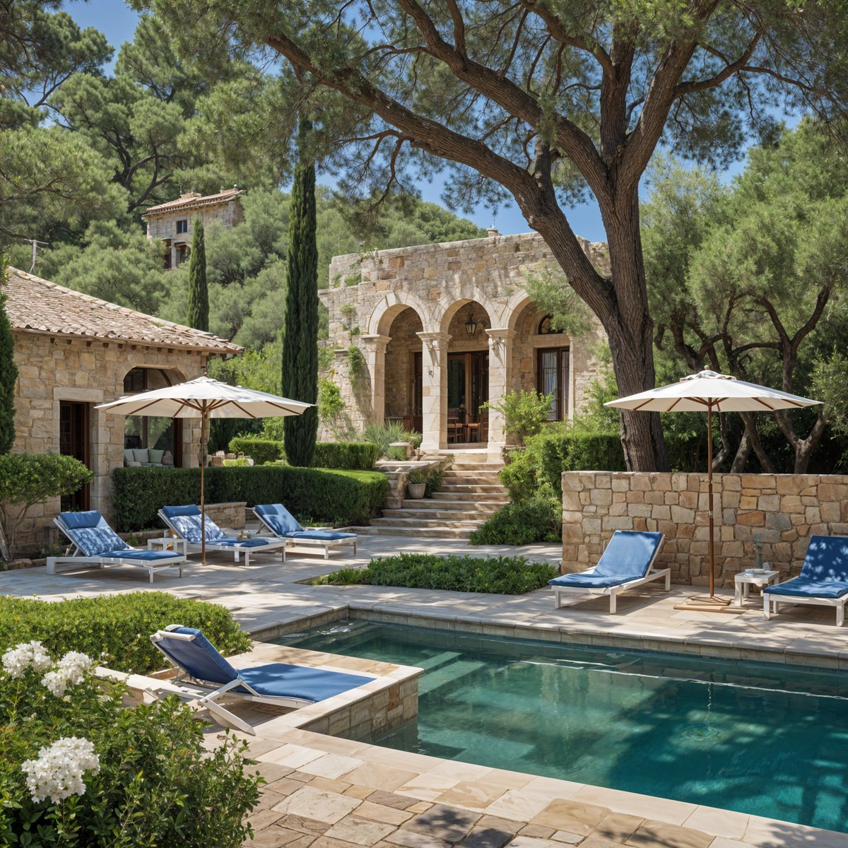 Mediterranean house exterior with a pool, patio furniture, and a stone wall.